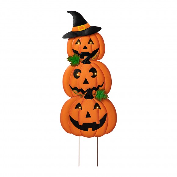 glitzhome Glitzhome 39.75"H Set of 3 Halloween Lighted Metal Stacked Jack-O-Lantern Yard Stake or Hanging Decor (Two function)