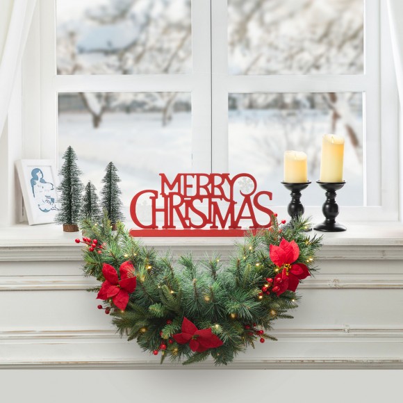Glitzhome Glitzhome 3ft Pre-Lit Greenery Pine Poinsettia And Red Berries Christmas Swag With 50 Warm White Lights And Timer