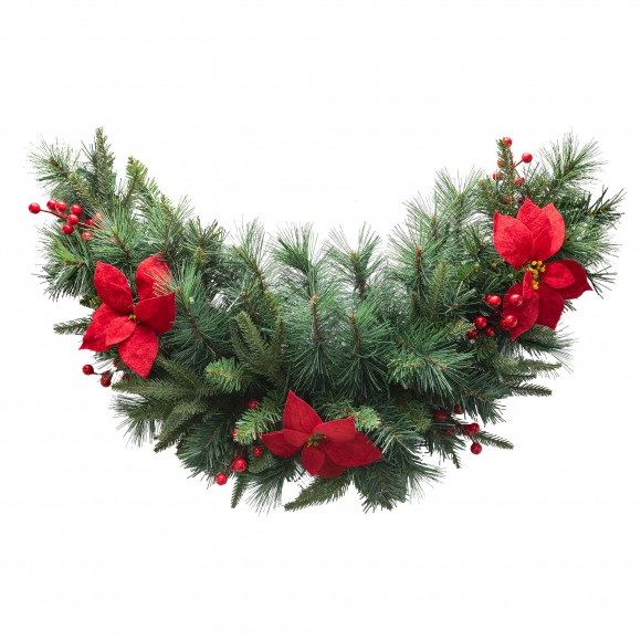 Glitzhome Glitzhome 3ft Pre-Lit Greenery Pine Poinsettia And Red Berries Christmas Swag With 50 Warm White Lights And Timer