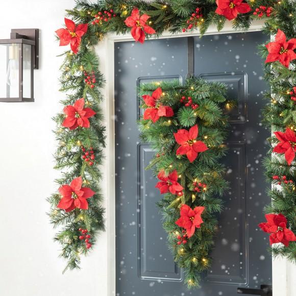 Glitzhome Glitzhome 3ft Pre-Lit Greenery Pine Poinsettia And Red Berries Christmas Teardrop Swag With 50 Warm White Lights And Timer