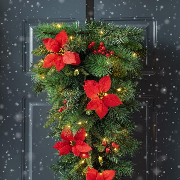 Glitzhome Glitzhome 3ft Pre-Lit Greenery Pine Poinsettia And Red Berries Christmas Teardrop Swag With 50 Warm White Lights And Timer