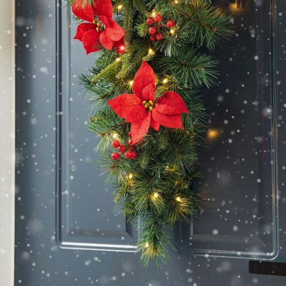 Glitzhome Glitzhome 3ft Pre-Lit Greenery Pine Poinsettia And Red Berries Christmas Teardrop Swag With 50 Warm White Lights And Timer