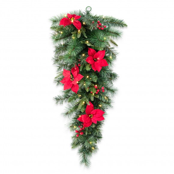 glitzhome Glitzhome 3ft Pre-Lit Greenery Pine Poinsettia and Red Berries Christmas Teardrop Swag with 50 Warm White Lights and Timer