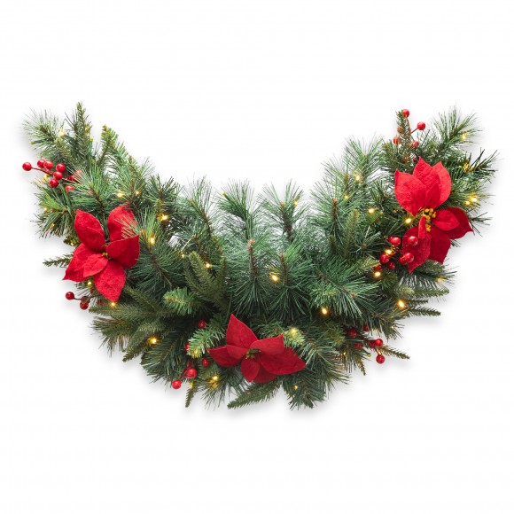 glitzhome Glitzhome 3ft Pre-Lit Greenery Pine Poinsettia and Red Berries Christmas Swag with 50 Warm White Lights and Timer
