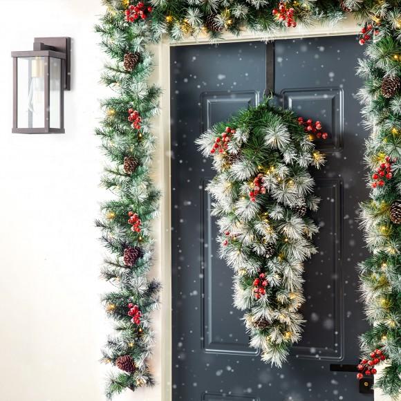 Glitzhome Glitzhome 3FT Pre-Lit Pinecones And Red Berries Artificial Christmas Teardrop Swag With 50 Warm White Lights And Timer