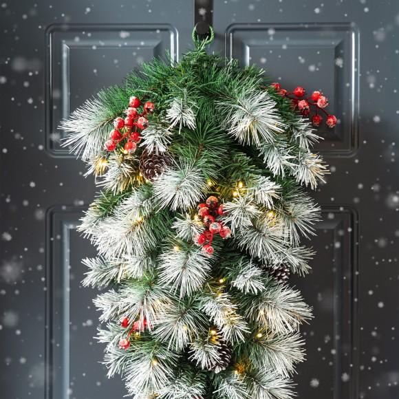 Glitzhome Glitzhome 3FT Pre-Lit Pinecones And Red Berries Artificial Christmas Teardrop Swag With 50 Warm White Lights And Timer