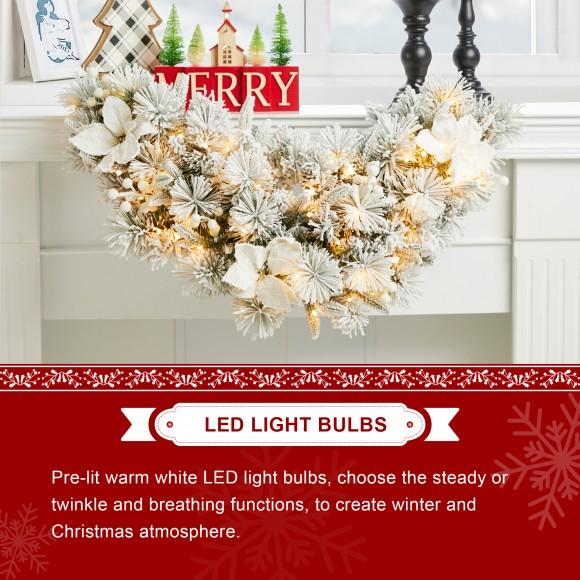 Glitzhome Glitzhome 3ft Pre-Lit Snow Flocked Greenery Pine White Poinsettia And Berries Christmas Swag With 50 Warm White Lights And Timer Three Function