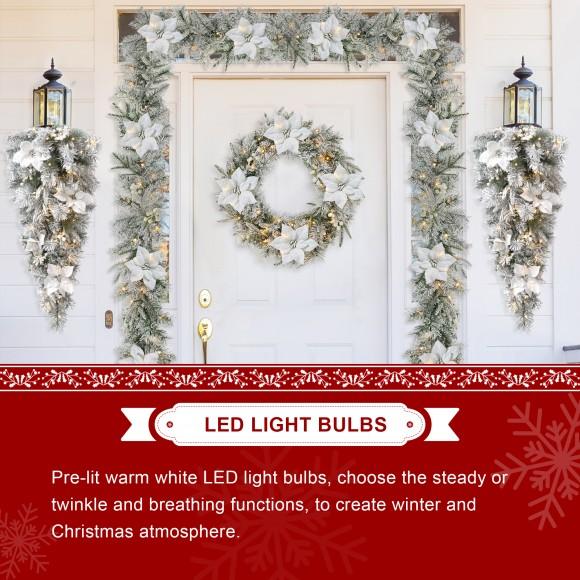 Glitzhome Glitzhome 3ft Pre-Lit Snow Flocked Greenery Pine White Poinsettia And Berries Christmas Teardrop With 50 Warm White Lights And Timer Three Function