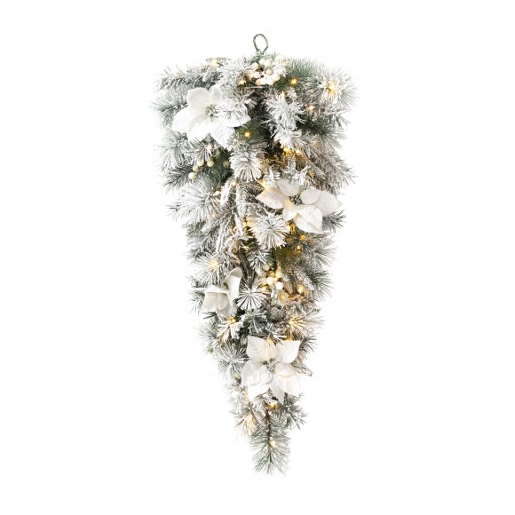 glitzhome Glitzhome 3ft Pre-Lit Snow Flocked Greenery Pine white Poinsettia and Berries Christmas Teardrop with 50 Warm White Lights and Timer Three Function
