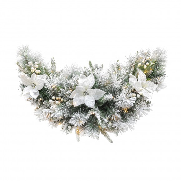 glitzhome Glitzhome 3ft Pre-Lit Snow Flocked Greenery Pine white Poinsettia and Berries Christmas Swag with 50 Warm White Lights and Timer Three Function