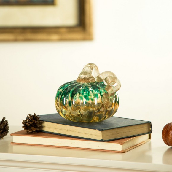 Glitzhome Glitzhome 4.13''H Hand Blown Blue/Gold Glitter Glass Pumpkin Table Accent Decor