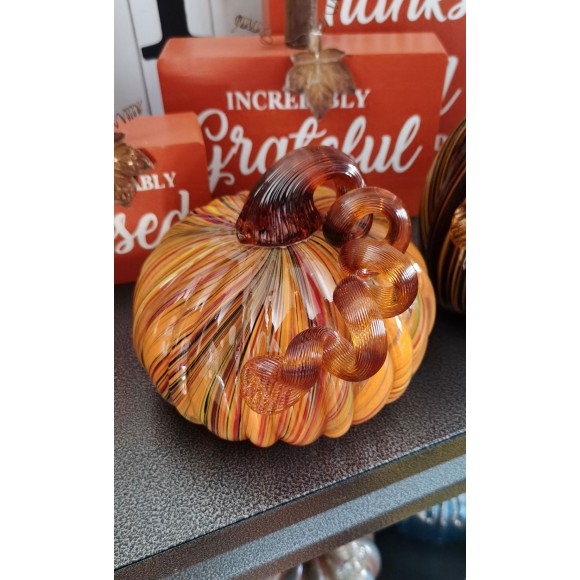 Glitzhome Glitzhome 4.21"H Hand Blown Multi-Striped Glass Pumpkin Decor