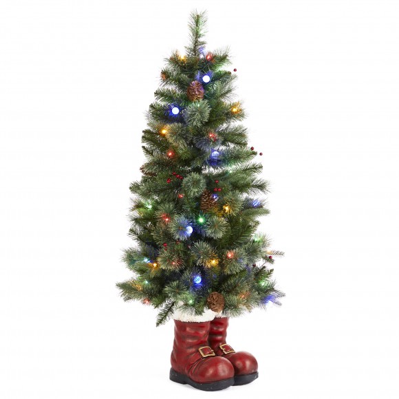 glitzhome Glitzhome 4.5ft Christmas Santa Boots Porch Tree with 75 Warm White/Multi-color LED Lights including 18 globe LED Lights 9 function w/Foot Pedal