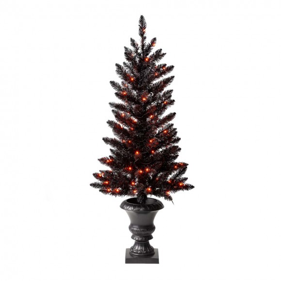 glitzhome Glitzhome 4 ft Lighted Black PVC Tips Porch Tree With 100 Orange LED Lights