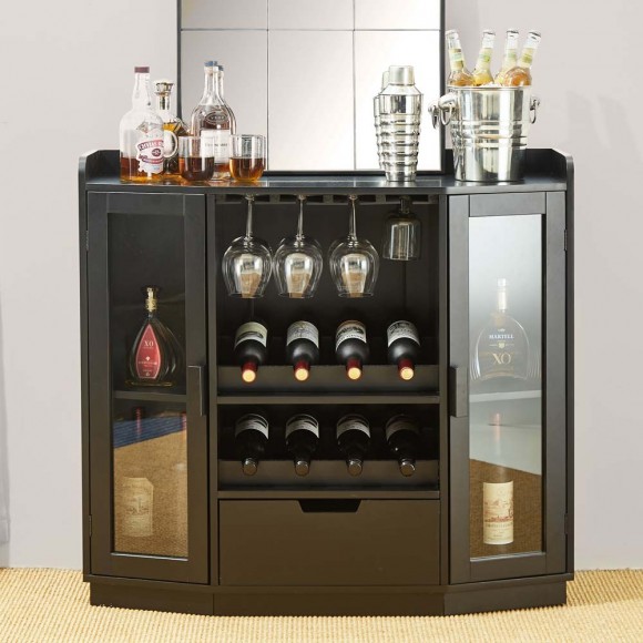 Glitzhome Glitzhome 40.00"L Black Wine Cabinet With Large Tabletop And 2 Glass Doors