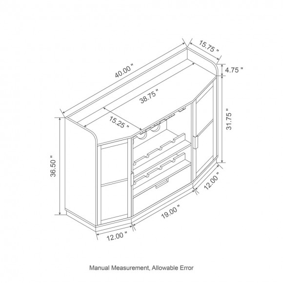 Glitzhome Glitzhome 40.00"L Black Wine Cabinet With Large Tabletop And 2 Glass Doors