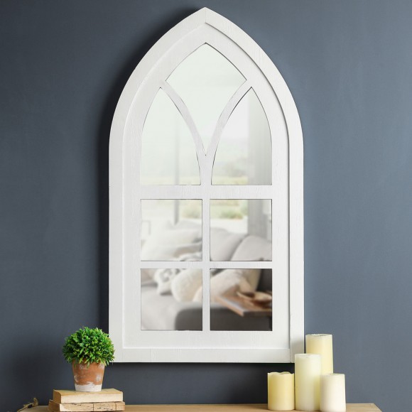 Glitzhome Glitzhome 40.16"H Wash White Wooden Cathedral Windowpane Wall Mirror Decor