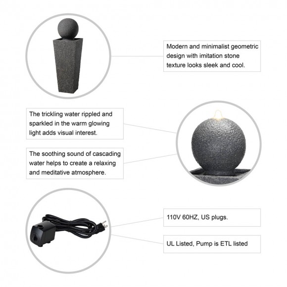 Glitzhome Glitzhome 40.25"H Modern Oversized Geometric Pedestal And Sphere Polyresin Outdoor Fountain With LED Light And Pump