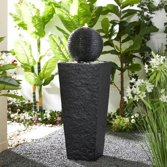 Glitzhome Glitzhome 40.25"H Oversized Modern Black Geometric Pedestal And Sphere Polyresin Outdoor Floor Fountain With Pebbles Pump And LED Light (KD)