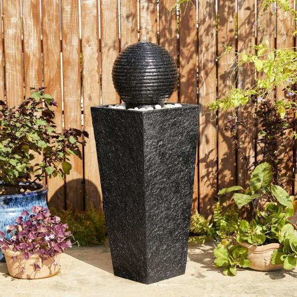 Glitzhome Glitzhome 40.25"H Oversized Modern Black Geometric Pedestal And Sphere Polyresin Outdoor Floor Fountain With Pebbles Pump And LED Light (KD)