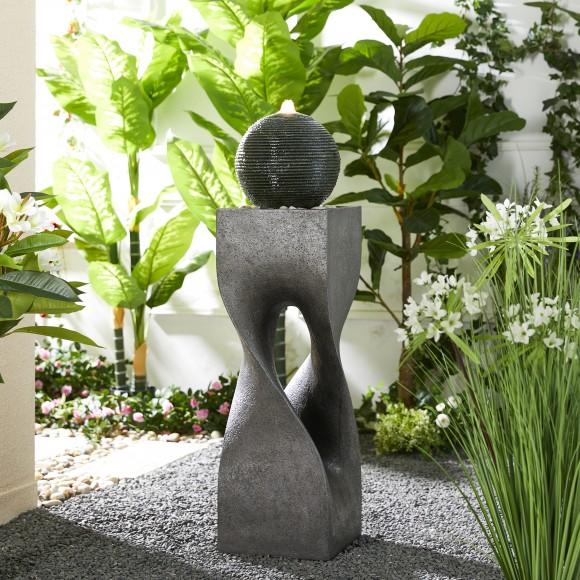 Glitzhome Glitzhome 40.5"H Oversized Modern Geometric Pedestal And Sphere Polyresin Outdoor Floor Fountain With Pebbles Pump And LED Light (KD)