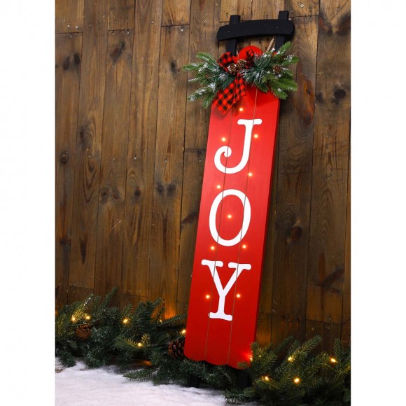 Glitzhome Glitzhome 40"H Lighted Wooden Sleigh "JOY" Porch Sign Board