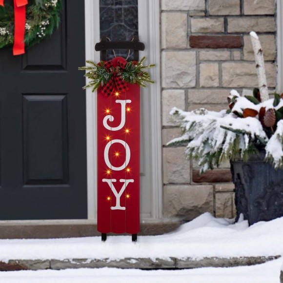 Glitzhome Glitzhome 40"H Lighted Wooden Sleigh "JOY" Porch Sign Board
