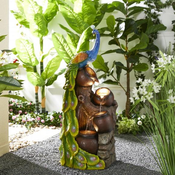Glitzhome Glitzhome 40"H Oversized 4-Tiered Peacock And Jars Polyresin Outdoor Floor Fountain With Pump And LED Light (KD)