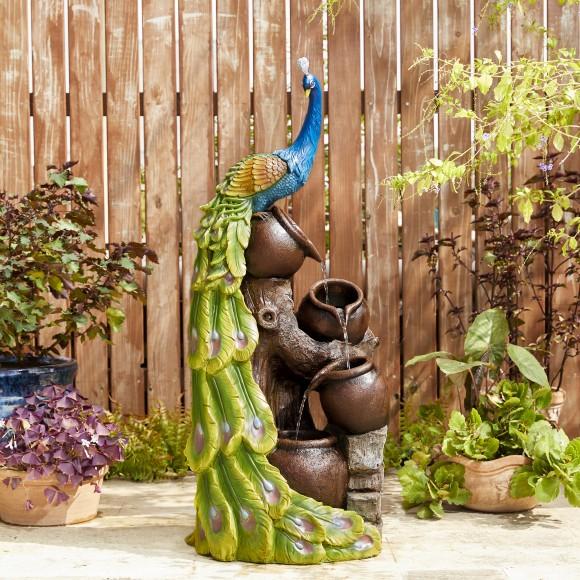Glitzhome Glitzhome 40"H Oversized 4-Tiered Peacock And Jars Polyresin Outdoor Floor Fountain With Pump And LED Light (KD)