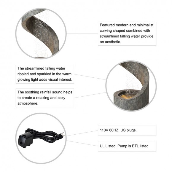 Glitzhome Glitzhome 40"H Oversized Curving Shaped Outdoor Polyresin Fountain With LED Light And Pump