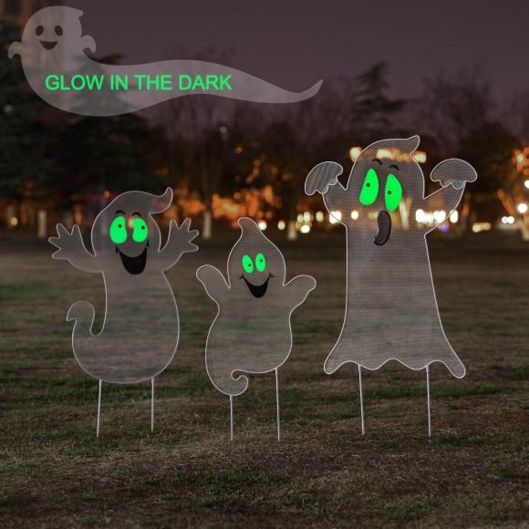 Glitzhome Glitzhome 40"H Set Of 3 Halloween Metal Mesh Glow In Dark Ghost Family Yard Stake