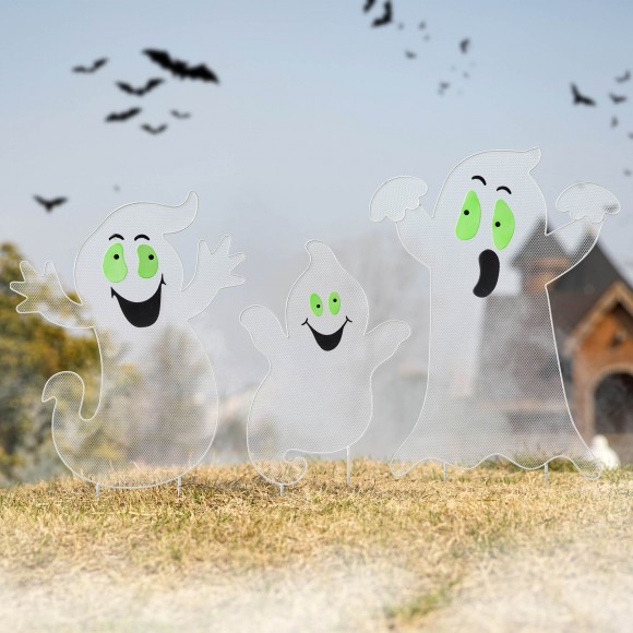 Glitzhome Glitzhome 40"H Set Of 3 Halloween Metal Mesh Glow In Dark Ghost Family Yard Stake