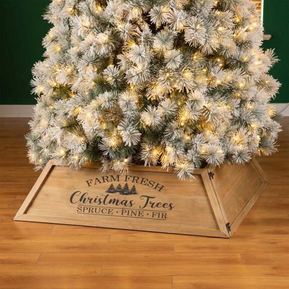 Glitzhome Glitzhome 40"L Natural Wooden Trapezoid "Farm Fresh" Christmas Tree Collar