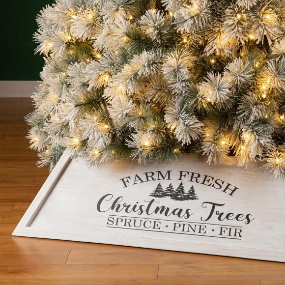 Glitzhome Glitzhome 40"L White Wooden Trapezoid "Farm Fresh" Christmas Tree Collar