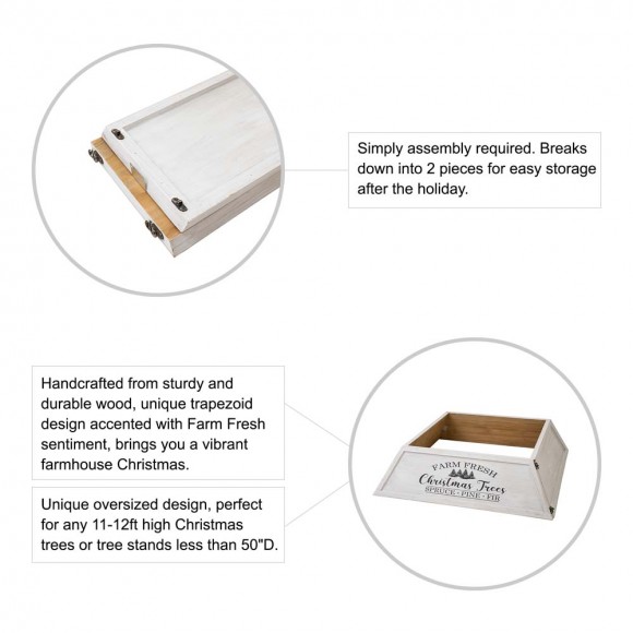 Glitzhome Glitzhome 40"L White Wooden Trapezoid "Farm Fresh" Christmas Tree Collar