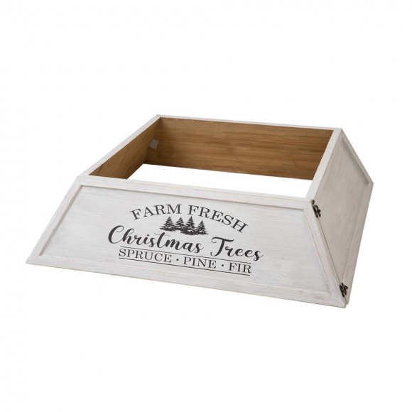 glitzhome Glitzhome 40"L White Wooden Trapezoid "Farm Fresh" Christmas Tree Collar