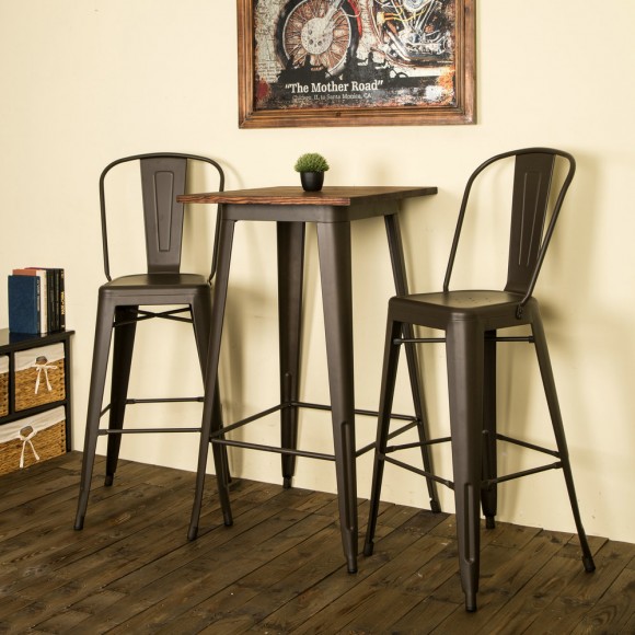 Glitzhome Glitzhome 41.34"H Steel Pub Bar Table With Square Solid Elm Wood Top