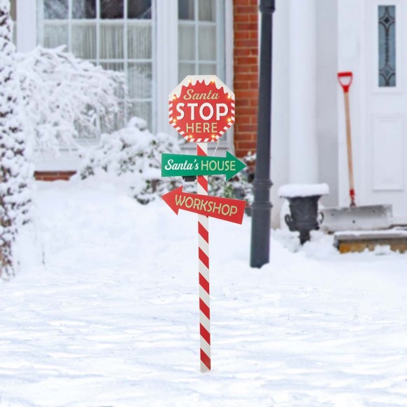Glitzhome Glitzhome 41.75"H Lighted Wooden "Santa Stop Here" Yard Stake