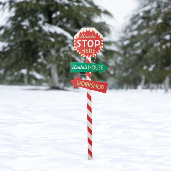 Glitzhome Glitzhome 41.75"H Lighted Wooden "Santa Stop Here" Yard Stake