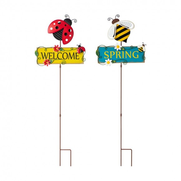 glitzhome Glitzhome 42.25"H Set of 2 Metal and Wood Ladybug and Bee Yardstake