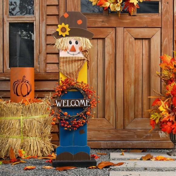 Glitzhome Glitzhome 42"H Fall Wooden Scarecrow Porch Decor With A Lighted Wreath