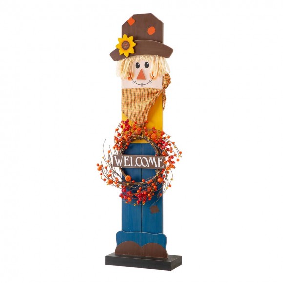 Glitzhome Glitzhome 42"H Fall Wooden Scarecrow Porch Decor With A Lighted Wreath
