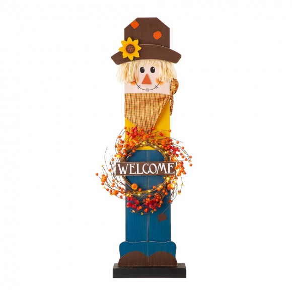 glitzhome Glitzhome 42"H Fall Wooden Scarecrow Porch Decor with A Lighted Wreath