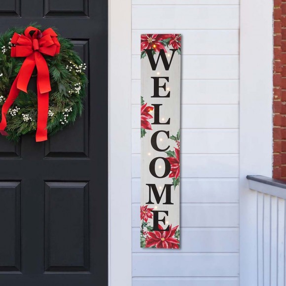 Glitzhome Glitzhome 42"H Lighted Wooden Poinsettia "WELCOME" Porch Sign Board