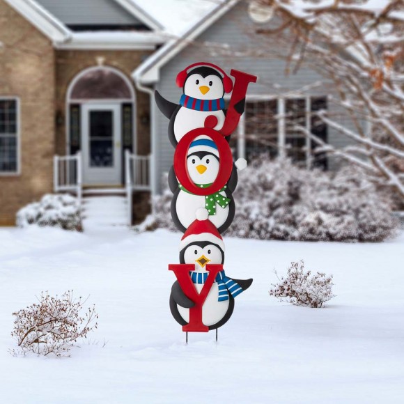 Glitzhome Glitzhome 42"H Set Of 3 Metal "JOY" Penguin Yard Stake Or Wall Décor (2 Functions)