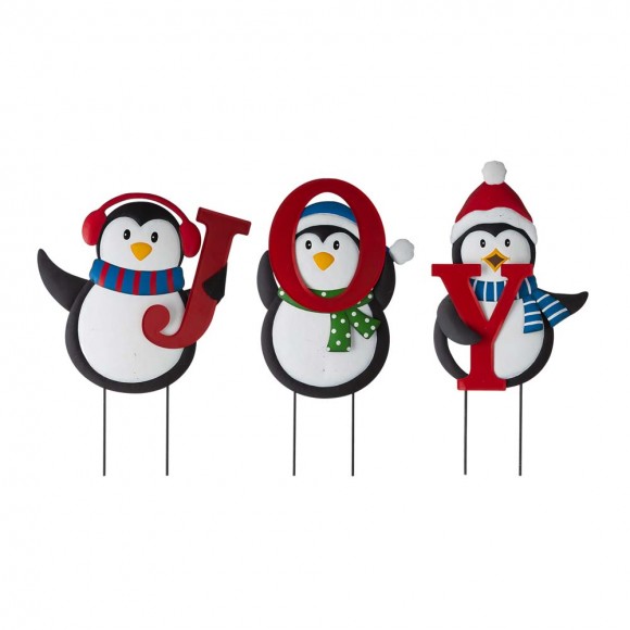 glitzhome Glitzhome 42"H Set of 3 Metal "JOY" Penguin Yard Stake or Wall Décor (2 Functions)