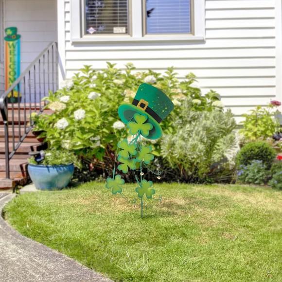 Glitzhome Glitzhome 42"H St. Patrick's Metal Leprechaun Hat Shamrocks Yard Stake(KD Two Function)