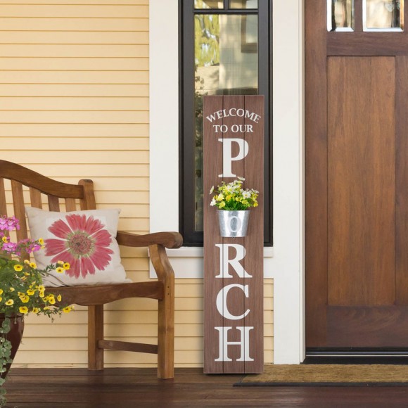 Glitzhome Glitzhome 42"H "WELCOME TO OUR PORCH" Wooden Porch Sign With Metal Planter