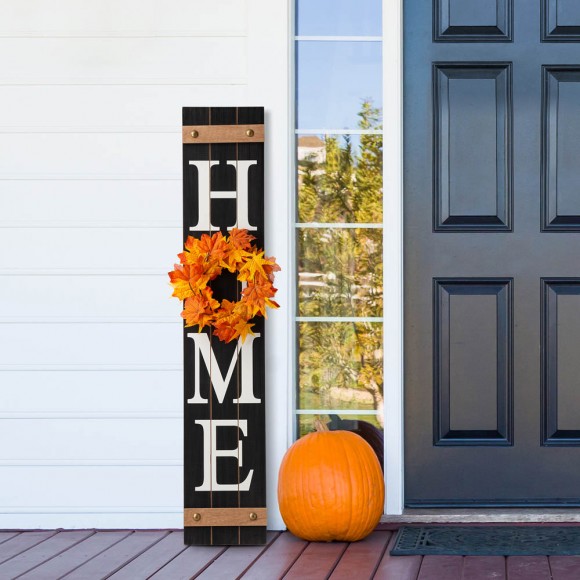 Glitzhome Glitzhome 42"H Wooden Black HOME Porch Sign With 3 Interchangeable Wreathes（Spring/Fall/Christmas）