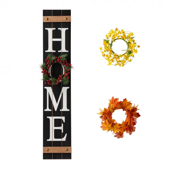 Glitzhome Glitzhome 42"H Wooden Black HOME Porch Sign With 3 Interchangeable Wreathes（Spring/Fall/Christmas）